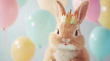Cute rabbit wearing a golden crown, surrounded by pastel-colored balloons, exuding a festive and happy birthday vibe in a dreamy atmosphere