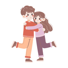 Flat style illustration of a happy couple hugging, smiling, and enjoying a moment together. Ideal for themes of love, friendship, relationships, and Valentine's Day.