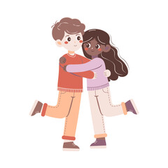 Flat style illustration of a happy couple hugging, smiling, and enjoying a moment together. Ideal for themes of love, friendship, relationships, and Valentine's Day.