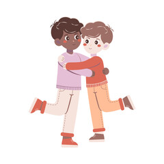 Flat style illustration of two boys hugging, symbolizing friendship, connection, and warmth. Perfect for themes of love, support, and relationships.