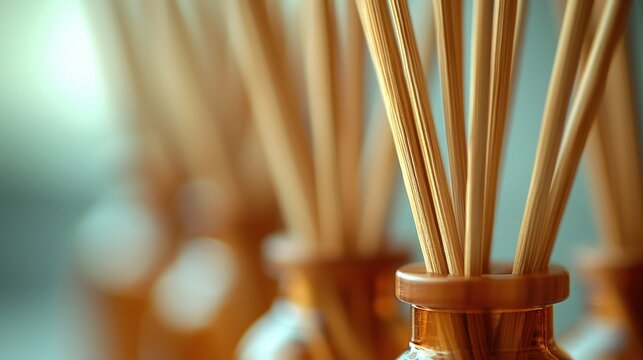 Close-up of aroma sticks in amber glass diffusers, home decor, blurred background