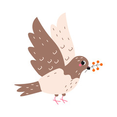 Flat style illustration of a flying pigeon carrying a branch with berries, perfect for nature-themed designs, wildlife projects, and decorative prints.