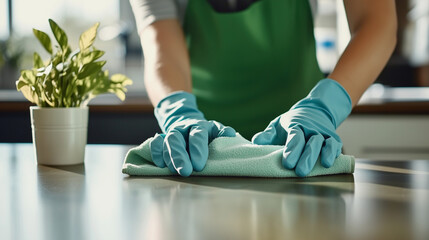 Person Cleaning Table with Green Gloves and Cloth in Bright Kitchen