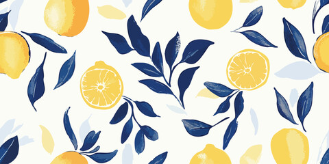 Seamless Pattern of Lemons with Santorini Blue and White, Greece designs. Blue, white patterns and floral motifs for textiles, wallpapers, home decor. Mediterranean style