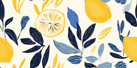 Seamless Pattern of Lemons with Santorini Blue and White, Greece designs. Blue, white patterns and floral motifs for textiles, wallpapers, home decor. Mediterranean style © Eli Berr