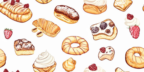 Seamless vector pattern featuring watercolor cakes and buns on white background perfect for fabric wallpaper or textile design