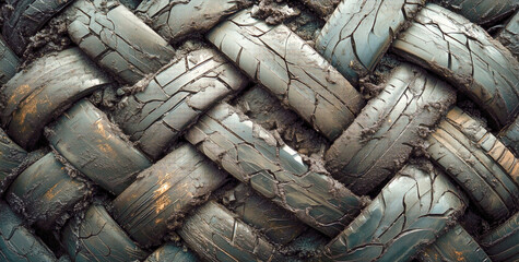 Twisted arrangement of used tires laid out intricately on a surface creating an abstract design