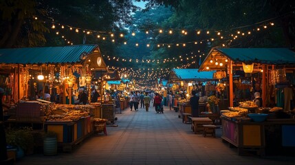 Obraz premium Night Market Scene with Festive Lighting and Crowds in a Bustling Setting