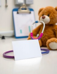Business card mockup with a teddy bear and stethoscope on a table, indicating a friendly medical or pediatric setting