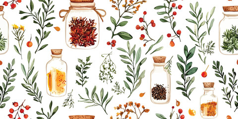 Seamless vector pattern with herbs and spices. watercolor botanical illustration background