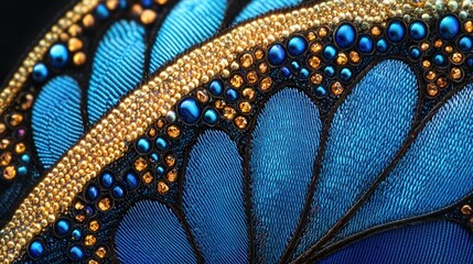 Obraz premium Close-up of decorated butterfly wing, intricate design, showcasing iridescent blue feathers