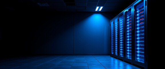 Glowing server racks in a dark room depicting advanced technology and modern life
