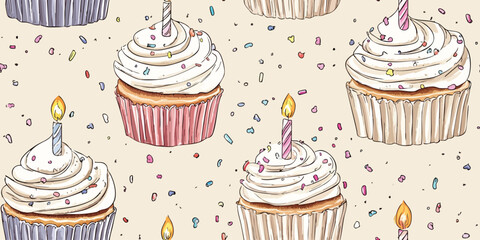 Seamless vector pattern design pastel cupcakes and a candle on a beige vintage background
