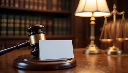 Business card mockup on a judge's gavel with law books and scales of justice in the background, indicating a legal profession