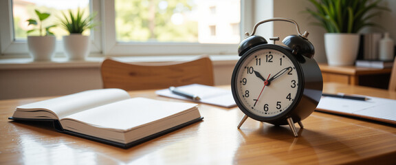 Home office scene with an alarm clock and open notebooks conveying productivity and focus in a bright environment with greenery