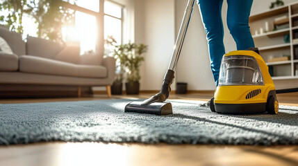 Fototapeta premium Woman Using a Modern Vacuum Cleaner in a Cozy Living Room Setting