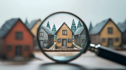 Magnifier or magnifying glass looking at house or home icon in group of many houses on white background, property or real estate searching concept. Nightmare Realm Overgrowth. Illustration