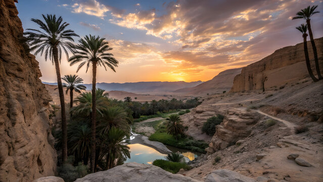 Golden hour light casts long shadows across an Omani desert oasis, with rocky canyon walls and palm trees silhouetted against the vibrant sunset