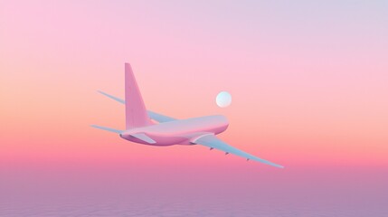 Airplane flying in the sky at sunset. the sky is a gradient of pink and orange, with the sun setting in the background. the airplane is white and has two wings, one on each side.