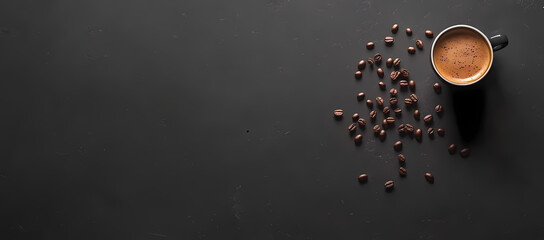 Aromatic Coffee: A top-down view captures a rich, steaming cup of coffee and scattered coffee beans on a dark surface, inviting a moment of relaxation and sensory indulgence.