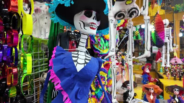A skeleton and a skeleton doll are displayed in a store. The skeleton doll is wearing a blue dress and a hat
