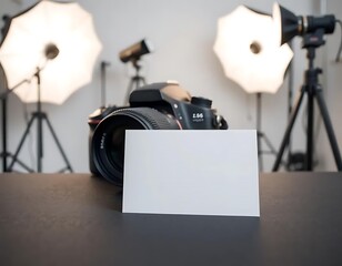  business card mockup featuring a camera and studio lighting. Ideal for photographers, videographers, or anyone in the photography industry. Customize with your information for a profession