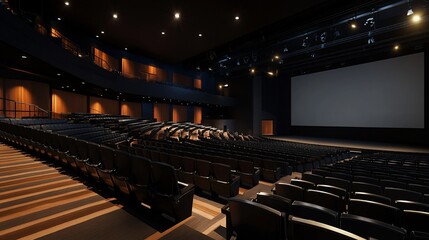 Naklejka premium Modern empty auditorium with tiered seating and large screen.