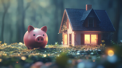 Piggy bank beside a model house, representing the process of saving money for a mortgage and future home investment. Nightmare Realm Overgrowth. Illustration