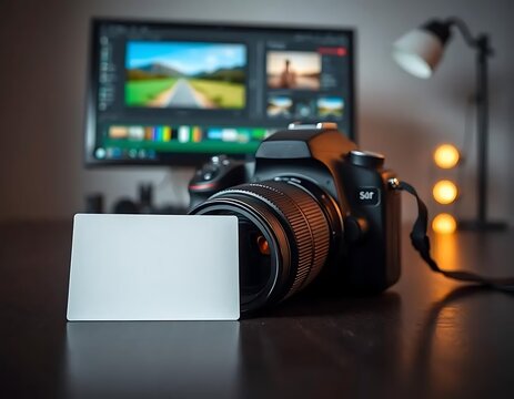 A professional photographer's business card mockup featuring a modern DSLR camera on a sleek black desk with a dim lamp in the background, ideal for showcasing contact details and brand identity
