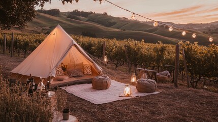 Large tent set up in a vineyard at sunset. the tent is beige in color and is surrounded by rows of grapevines.
