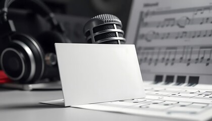 Music-themed business card mockup featuring a microphone, headphones, and musical notes. Ideal for musicians, DJs, or anyone in the music industry. Customize with your information for a professional l