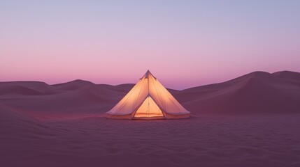 Tent set up in the middle of a desert landscape. the tent is a triangular shape with a pointed roof and is set up on a sandy ground.