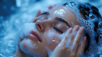 Relaxing woman with closed eyes enjoying a calm foam bath, surrounded by glowing bubbles, relieving stress and promoting wellbeing
