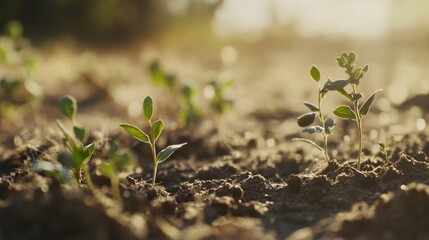 Toxic fertilizer affecting plant growth in a farm. Featuring weak crops and contaminated soil