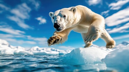 Obraz premium An energetic polar bear leaps dynamically across ice floes, encapsulating the playfulness of wildlife while emphasizing the beauty and fragility of its Arctic environment.