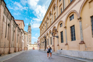 Three Young Women Tourists Walking