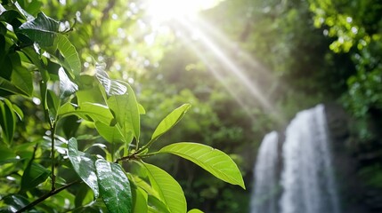 Naklejka premium Lush foliage frames rainforest waterfall