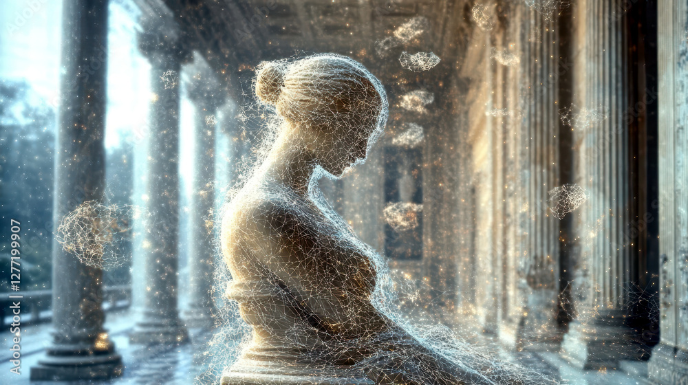 Poster Marble Statue Dissolves Into Floating Data Fragments in a Classical Architecture Scene