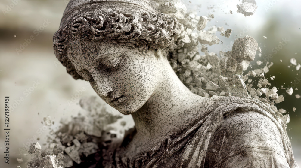 Poster Classical Marble Statue in Elegant Decay Dissolving Into Ethereal Digital Fragments