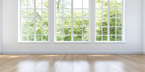 Fototapeta premium Clean empty room white walls, natural light from big panoramic windows, wooden flooring, real estate display. Apartment ready for sale.