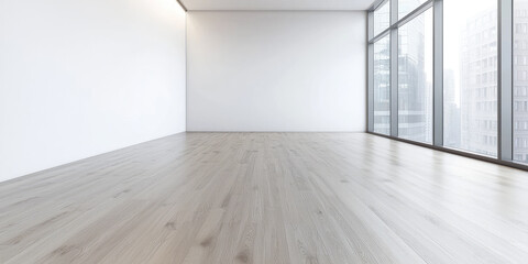Fototapeta premium Clean empty room white walls, natural light from big panoramic windows, wooden flooring, real estate display. Apartment ready for sale.