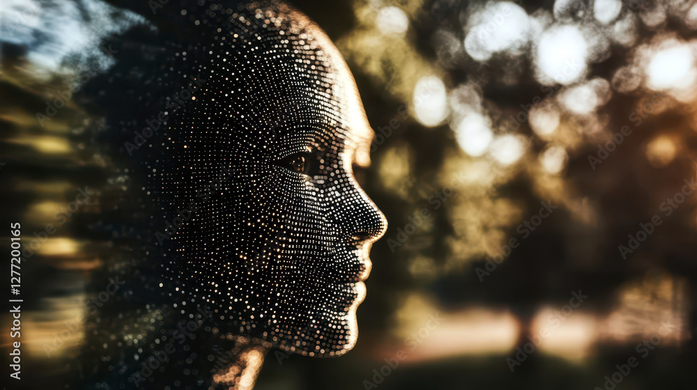 Poster human face transforms into a radiant ai avatar with pixelated transition effect