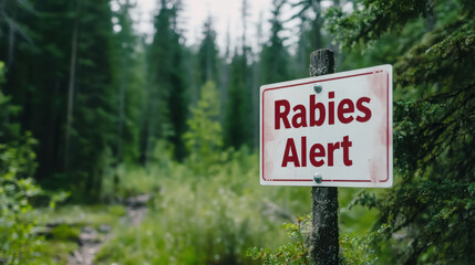 Rabies alert warning sign in forest setting surrounded by lush greenery