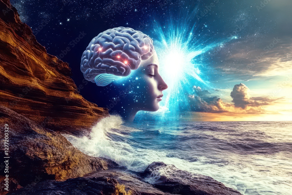 Poster Dreaming Under Starlit Waves as Brainwaves Transform Into Celestial Wonders