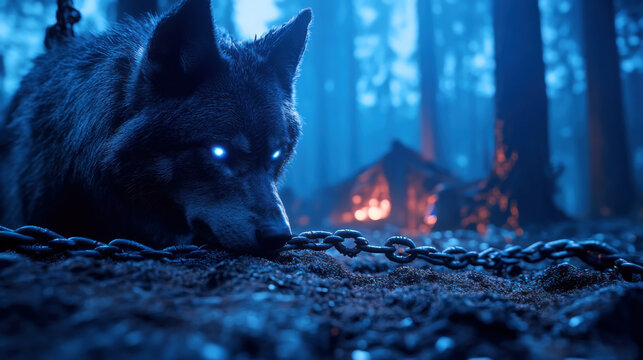 Mythical fenrir chained in enchanted forest with mystical glow and atmospheric darkness