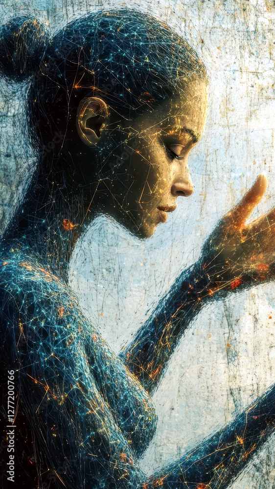 Poster digital hand reaches out to connect with human touch in a surreal blending of realities