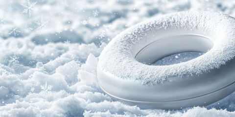 Closeup of a snow slide riding surrounded by snowflakes. Detail of a snow tubing, outdoor. Abstract background for advertising active winter vacation.