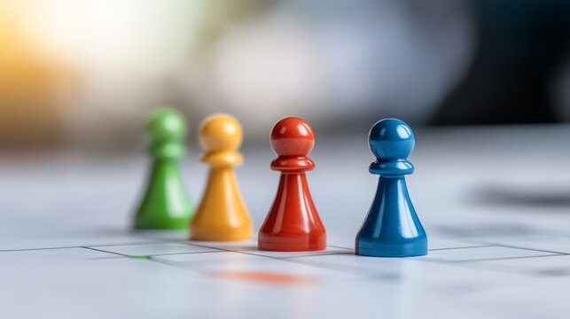 Colorful chess pawns on board strategic game of competition and classic strategy