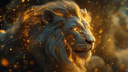Naklejka premium Majestic lion portrait fantasy realm digital art ethereal environment close-up mythical concept