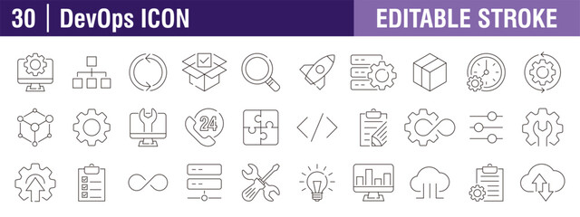 Collection of DevOps icons. Development, operations, programming. Vector design template, signs, symbols, editable stroke.